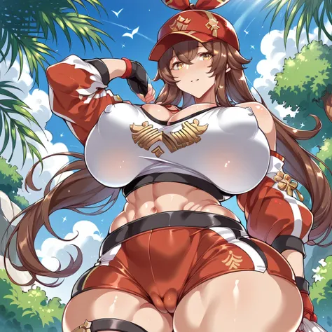 score_9, score_8_up, score_8, woman with gigantic breasts and large areolae, wide hips, :o,safe for work,covered boobs ,  cameltoe, sexy moan ,sport attire, covered body, amber genshin impact ,source_anime