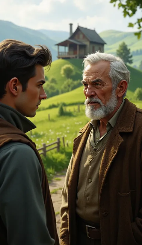 A close up of a young man in front of a small house on a the top of a hill talking to an old man