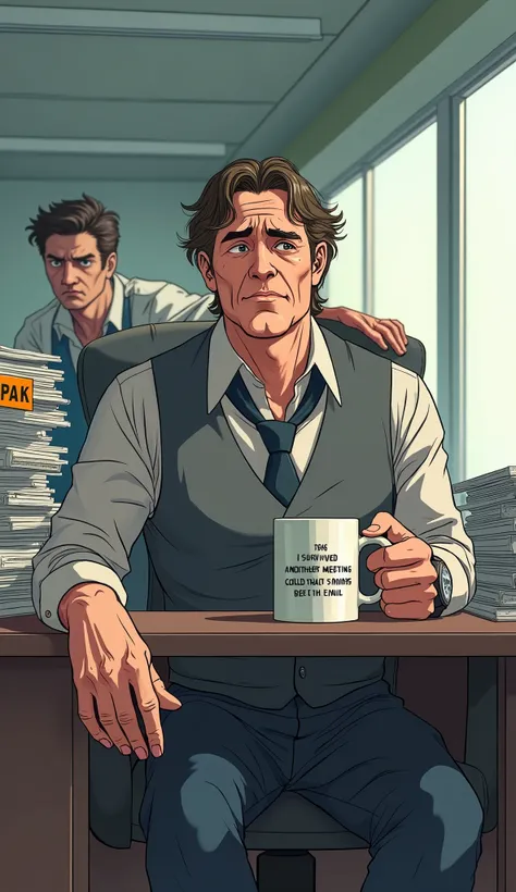 A completely unmotivated HR employee who avoids conflict at all costs. Patrick "Pat" Fink is a 30-something man with unshaven skin, unkempt hair, and visible bags under his eyes. He wears a wrinkled dress shirt, a gray vest, and a loose tie, and always loo...