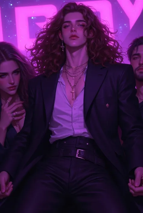 there is a man with very long chestnut curly hair, waist-length hair, ranned skin, freckles, standing at a frat party, purple lighting, upside-down perspective, style of charlie bowater, handsome guy in demon slayer art, full height, interesting  rekax pos...