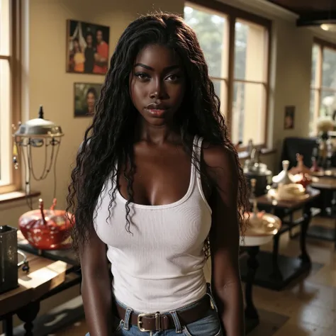 photo of beautiful ebony woman, wavy hair, as a naughty teacher, (white henley tank top:1.3), cargo jeans, cleavage, belt, backlit, perfect make-up, cinematic, realistic, tight hairstyle, visually rich,piercing eyes, (smiling:1.3), fully stocked kitchen, s...