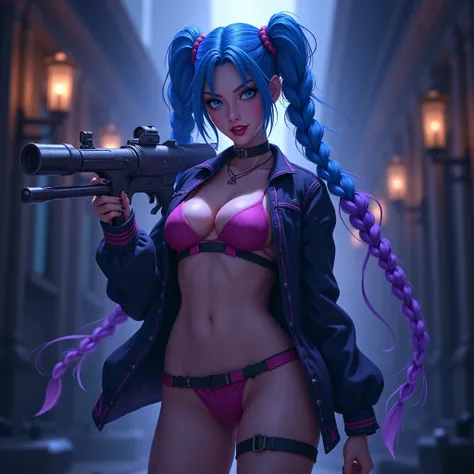 nx, arcane, Jinx character from League of Legends, long neon blue hair with purple stripes in braids, Perfect small perky breasts, scantily clad, underwear, Sexy Woman, perfect hands, double hair braids, Braided hair, Minipistola, Juxtaposition of light& s...