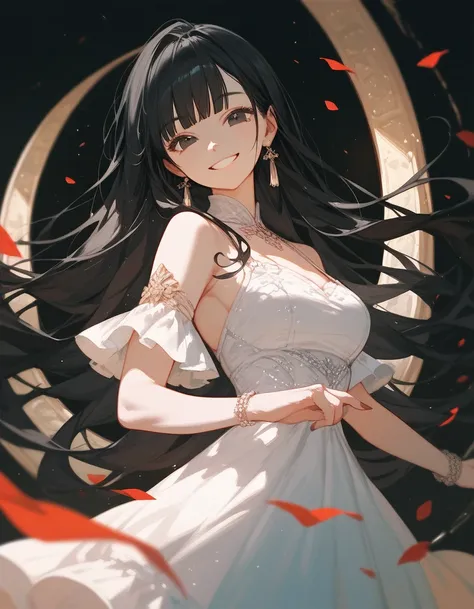 girl,  black hair, Black eyes, Long hair,Wicked smile ,Bangs,throw ,Dress,