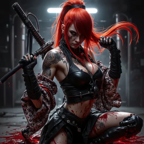 A fierce and vibrant female warrior with long, fiery red hair tied into a high ponytail, with some strands falling across her face. She has piercing, determined eyes and tattoos covering her arms and chest, adding an aura of mystery and strength. Her outfi...