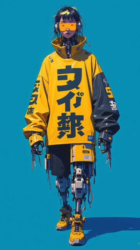 A Japanese anime character wearing streetwear with bold yellow and black lettering on the t-shirt, in the style of Yoji Shinkawa, a yellow and black color palette, and a blue background, and uses flat illustration techniques., anime-style characters, bold ...