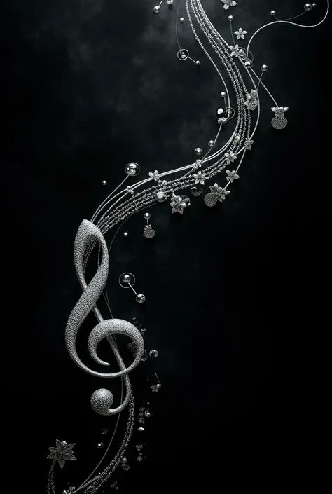 Image with a black background and elegant silver-colored musical arrangements in the outline that the arrangements remain on the sides leaving the center free