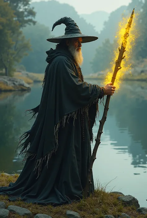 A sorcerer with a long black cassock with pieces of torn white fabric and a long pointed hat and a beard at the edge of a lake doing yellow magic with his ancient staff.