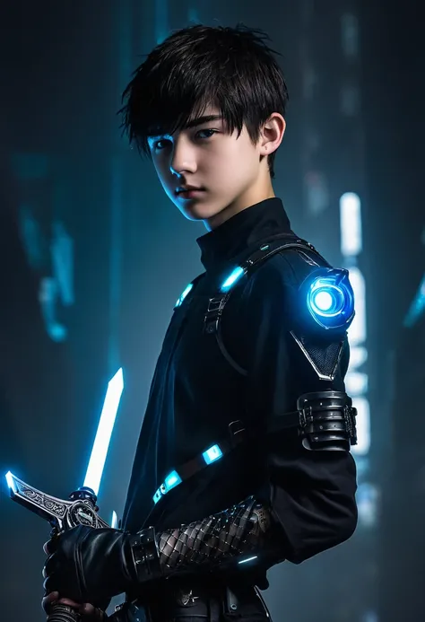 A detailed realistic homoerotic photo of a young beautiful twink 18-year-old Caucasian boy cyberpunk shadow hunter with a realistic preternaturally cute boyish face ((Asher Angel)). Holding a cyberpunk sword by the hilt. Wearing masculine cyberpunk male br...