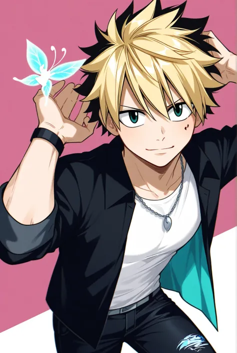 1 man, semi buff, fairy tail themed, black jeans, blonde hair with black highlights,teal eye color, no emotions