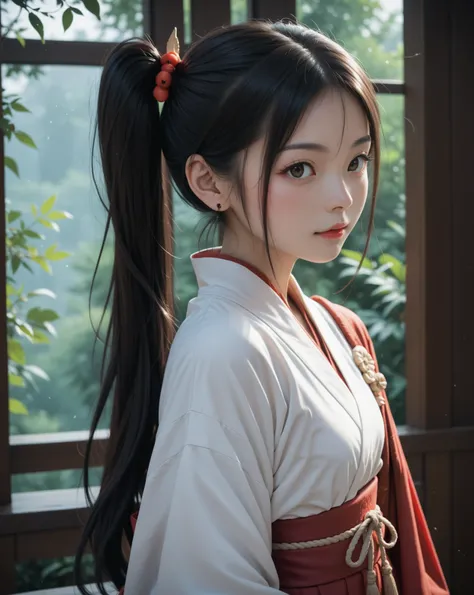 In the dim moonlight, a young and cute kunoichi stands silently. She wears a fearsome Hannya mask and has long hair tied in a side ponytail.