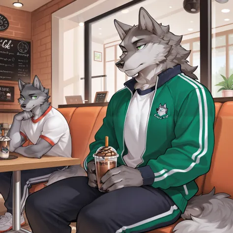 Furry wolf, wolf, man, masculine, sitting, buff, casual gym clothes, cafe, boba drink, green eyes.