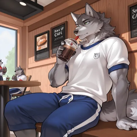 Furry wolf, wolf, man, masculine, sitting, buff, casual gym clothes, cafe, boba drink, green eyes, solo.