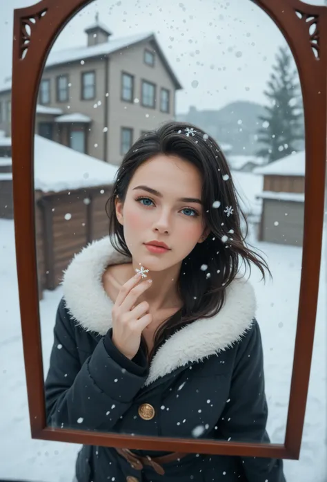 score_9, score_8_above, score_7_above,  motion picture frame,  pretty woman, no make above, winter outfit, Blush,  black hair,  head tilt,  hair blowing in the wind,   drifts from snow in the Arctic Circle, snowing,  snowflakes , Cold, Bumps ,  nearing per...