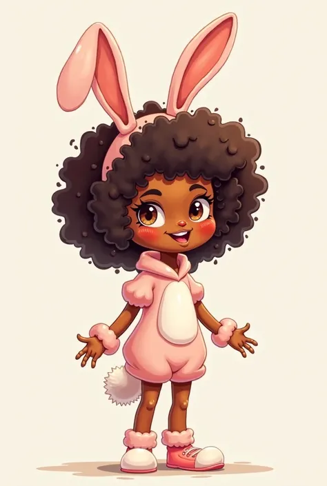 Mixed race girl, with afro hair dressed as the easter bunny, making cookie. in a cartoon style. With no background