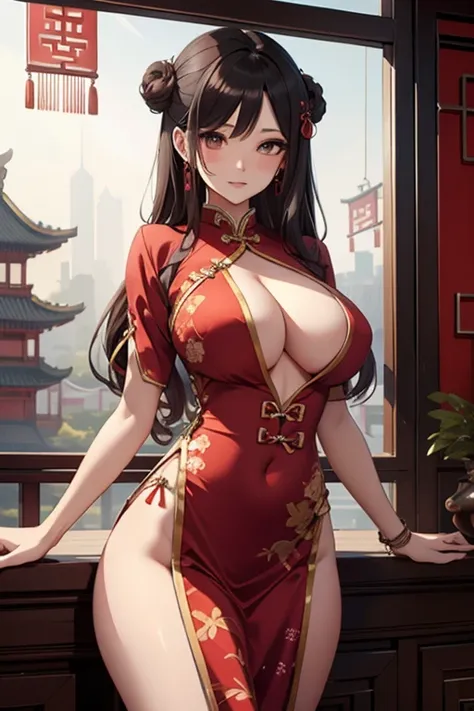 A beautiful woman，Traditional Chinese clothing，，Traditional Chinese architecture，Fiery red clothes，Big breasts，Bare waist
