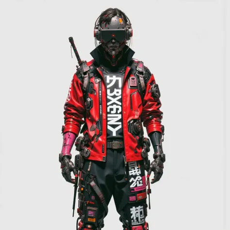 a futuristic cyberpunk warrior dressed in high-tech urban streetwear. The character is outfitted in a striking red and black color palette, with a bold design that merges functionality with a modern aesthetic. Key features include: A red oversized jacket a...