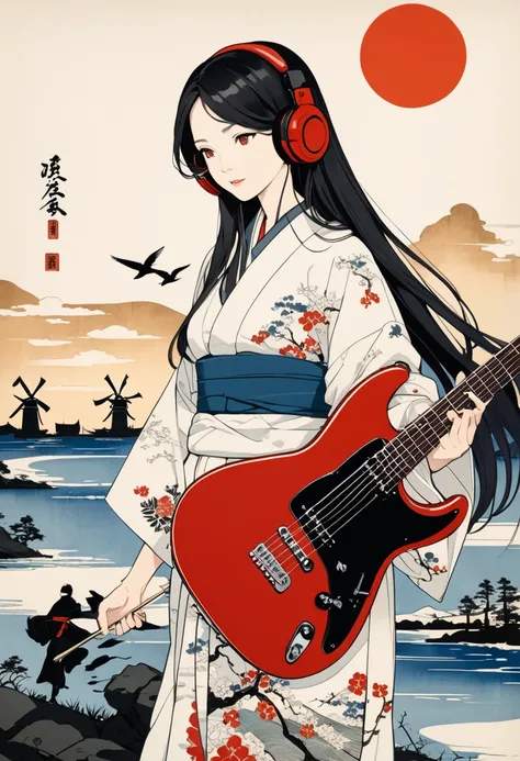 A woman with long hair wearing a kimono, Red Guitar, Hiroshige Utagawa, Ink painting, Japanese headphones,  modern ukiyo-e style ,  red eyes, windmill