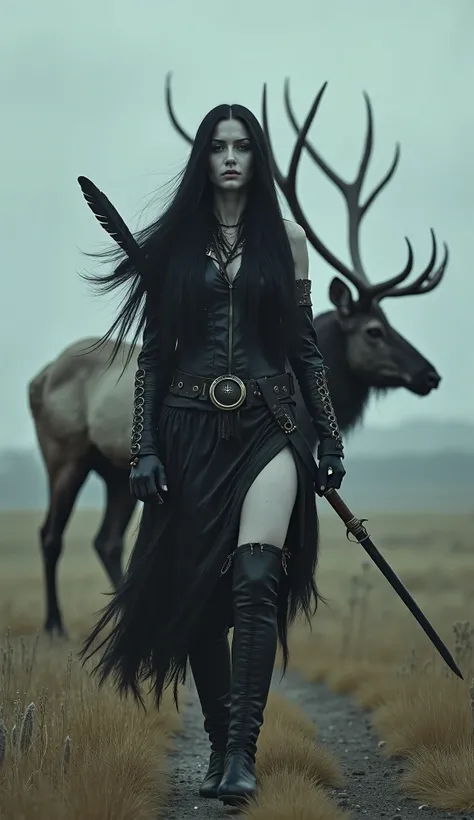 Imagine a Unreal Beauty UK Woman With Long Black Hairs White Skin, a warrior outfit inspired by the mystical and eerie . Incorporate elements of Native American culture and the dark, ominous atmosphere of the Pine Ridge Reservation. Consider using a mix of...