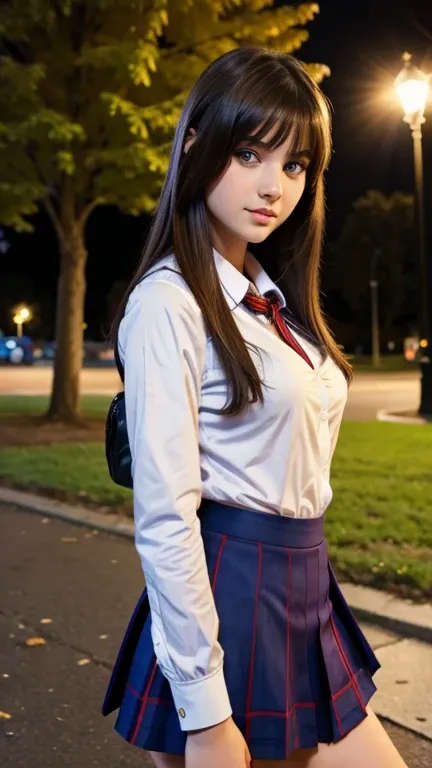 School girl, school uniform, russian girl, brunette, young girl, sexy pose, park at night 