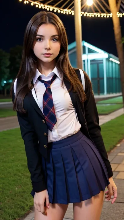 School girl, school uniform, russian girl, brunette, young girl, sexy pose, park at night 