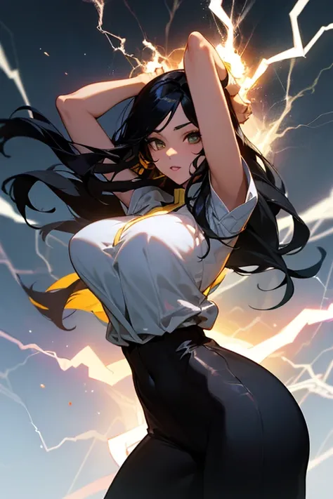 Brazilian woman full of passion, Long black hair with hair, Wearing a white vest, (Yellow lightning effect around her), Large of breast,