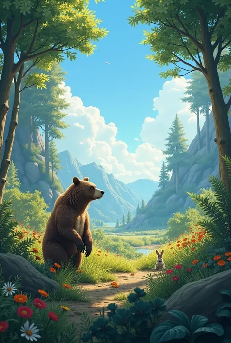 Bear watching landscape with blue sky ,Flowers and large forest dying talking to a rabbit 