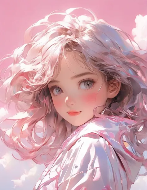 cute girl、race、 pink cloud background 