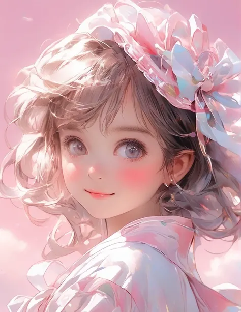 cute girl、race、 pink cloud background 