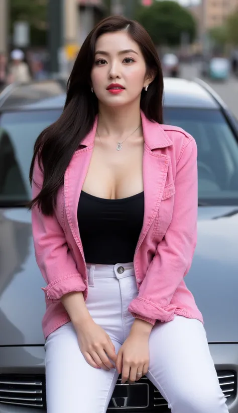  A woman,  sitting on top of the car,  front facing body and legs, using a pink denim jacket with a black t-shirt, use trousers to the toe of denim material of white color,  red lips,  big boobs