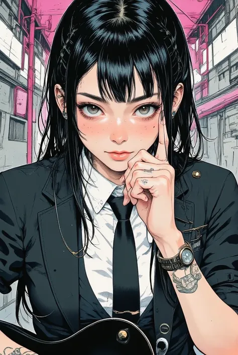  manga style:1.51,   anatomically accurate :1.5,   close-up of a young woman with tattoos on her arm and left cheek,  眉に届くほどの長い black hair ,   playing electric guitar， Light Eyes ,   surrealist pop  ,   is looking at me  ,    Japanese surrealism pop   ,   ...