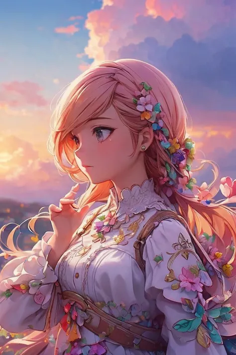 ( Extremely detailed, Best Details,  Official Art, Beauty and art: 1.2), Written edge depth, composition, whole body, (a bit), ( Beautiful and detailed : 1.3), (wonderful:1),  Blurred background with colorful clouds, 1 girl in the best,