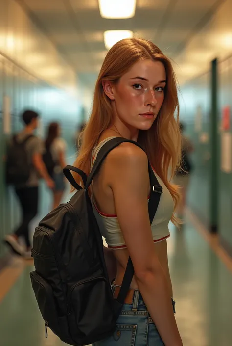 Cinematic Photo of a teen  with a backpack, looking over her shoulder in a high school hallway, photorealistic, warm lighting, backpack, hallway, locker, students, realistic, intricate details, Rachel young athletic woman with a petite, athletic, average u...