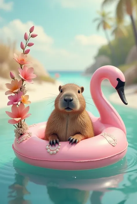  Capybara in a pink lifesaver with flowers in the shape of a swan with beach beads and flowers on one of the ear 