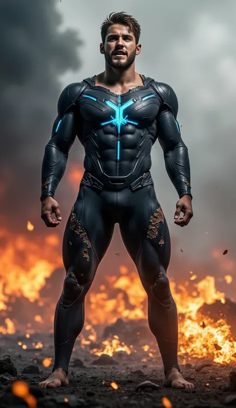 full shot of ericjanicki A handsome, 30-year-old European man with short brown hair and a beard, wearing a form-fitting, science dark metallic superhero suit with intricate designs and glowing blue accents, his chest and shoulders are tattered and torn rev...