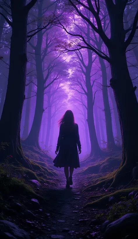 ultra details night with purple highlight , girl walking alone , forest with high detailsultra details night with purple highlight, (best quality,4k,8k,highres,masterpiece:1.2),ultra-detailed,(realistic,photorealistic,photo-realistic:1.37),