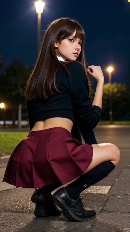 School girl, school uniform, squatting, showing back, russian girl, brunette, young girl, slim body, skinny body, sexy pose, park at night 