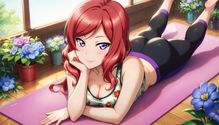 masterpiece, best quality, highres, nishikino maki, purple eyes,red hair,looking at viewer, flowers printed tank top, yoga pants,solo, curvy body,floral print, seductive smile, lyoga pose ,blushing, cleavage