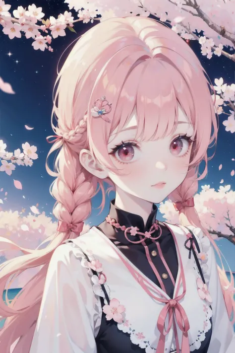 (( best quality, masterpiece, Meaningless,   super resolution )) 1 girl in the best, cherry blossoms, pink braid bang ,  is cute , Cute,  Star Hair Accessory,  red eyes,  pink cheeks 