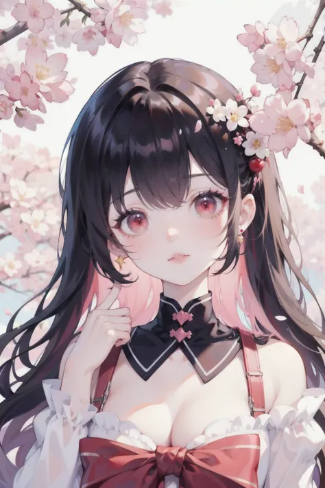 (( best quality, masterpiece, Meaningless,   super resolution )) 1 girl in the best, cherry blossoms, pink braid bang ,  is cute , Cute,  Star Hair Accessory,  red eyes,  pink cheeks 