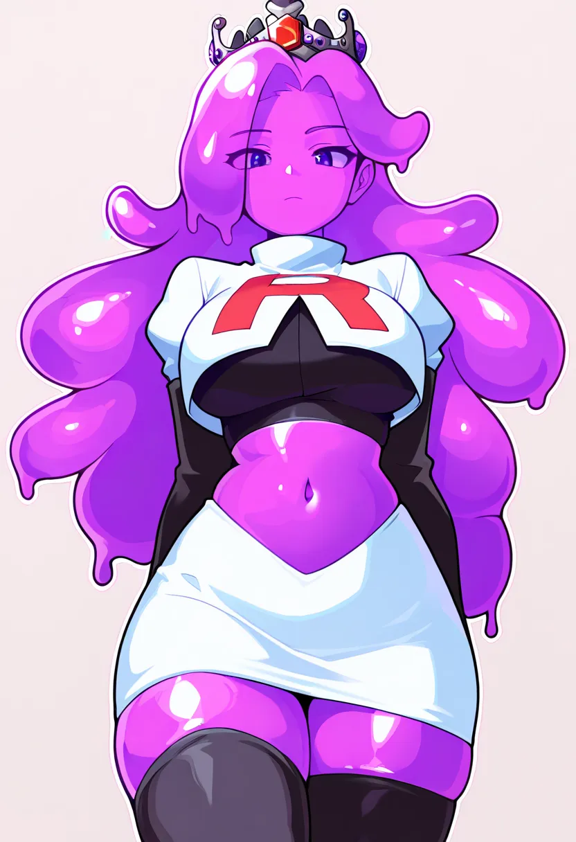 masterpiece, best quality, 1girl, solo, looking at viewer, queenslime, long hair, crown, colored skin, slime girl, large breasts, curvy, purple hair, team rocket,team rocket uniform,white skirt,red letter R,crop top,black thigh-highs,black elbow gloves, co...