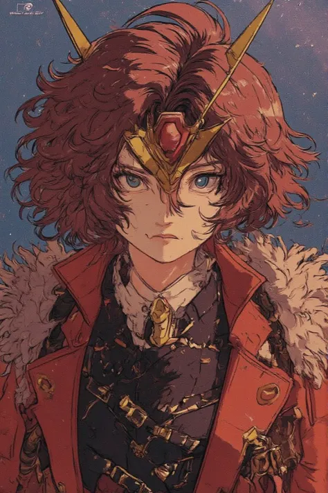 Girl with a neutral appearance ,   ,   ,  dark red long curly hair, Hair turned to the right, Blue eyes,  unopened mouth , A fluffy red coat over a black sweater,  Gundam's blade horn on the forehead, Horns are yellow, The horn is symmetrical in a V shape,...