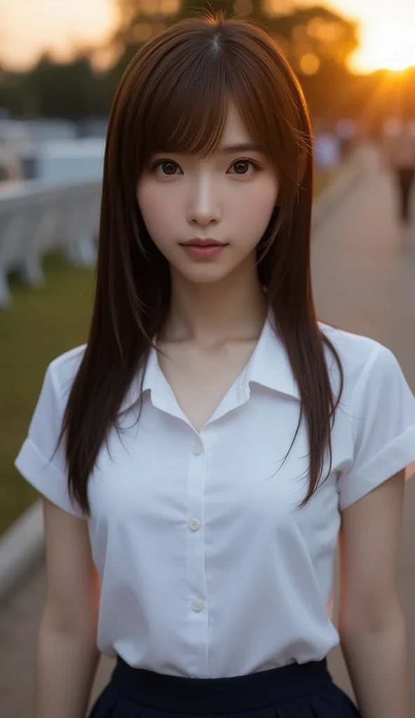 perfect composition,  proper placement in office clothes,  golden ratio,  Knee Shot ,    Beautiful Japanese Woman ,  tea hair, stupid hair:1.21,   brown eyes :1.21,  traditional sailor uniform figure from a prestigious high school in Tokyo ,   perfect beau...