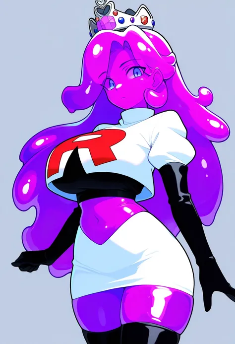 masterpiece, best quality, 1girl, solo, looking at viewer, queenslime, long hair, crown, colored skin, slime girl, large breasts, curvy, purple hair, team rocket,team rocket uniform,white skirt,red letter R,crop top,black thigh-highs,black elbow gloves, co...