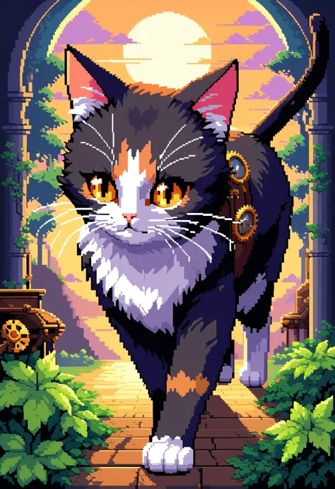 ( steampunk cat pixel art :1.3), (16-bit:1.3), (point:1.3), highlight point,  cat walking in the natural light of the sunset ,  professionally drawn Preciseness,  Each work is carefully drawn down to the details 、 expressed in rich colors ., Sensibility an...