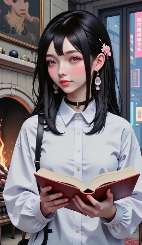 a girl with black hair and glasses reading a book in front of a fireplace in a room with light colors, paintings on the walls, a carpet, wooden floors, detailed face, beautiful detailed eyes, beautiful detailed lips, extremely detailed eyes and face, long ...