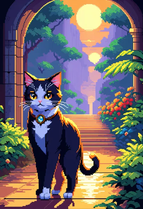 ( steampunk cat pixel art :1.3), (16-bit:1.3), (point:1.3), highlight point,  cat walking in the natural light of the sunset ,  professionally drawn Preciseness,  Each work is carefully drawn down to the details 、 expressed in rich colors ., Sensibility an...