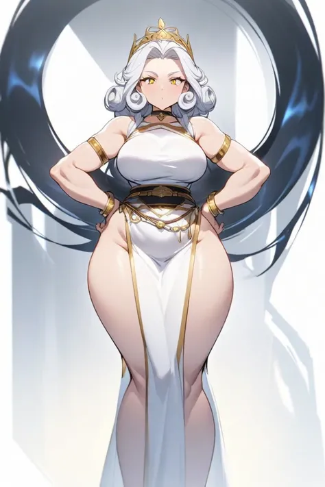 White background: 1.2) Mature woman, body facing the viewer, curvy body from left to right, large breasts, small waist, wide hips, big legs, thick thighs, big butt, round butt (fat butt), bright yellow eyes, and a curly white haircut. She is standing alone...