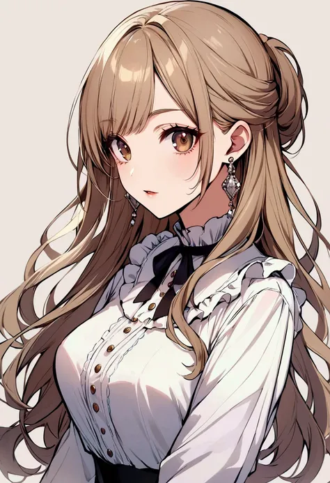 slender, mature female, 1girl, solo, brown_eyes, long_sleeves, looking_at_viewer, white_shirt, jewelry, long_hair, parted_lips, buttons, shirt, white_blouse, earrings, bangs, frills,, brown_hair, blouse,half_updo, light_brown_hair,, ribbon, eyebrows_visibl...