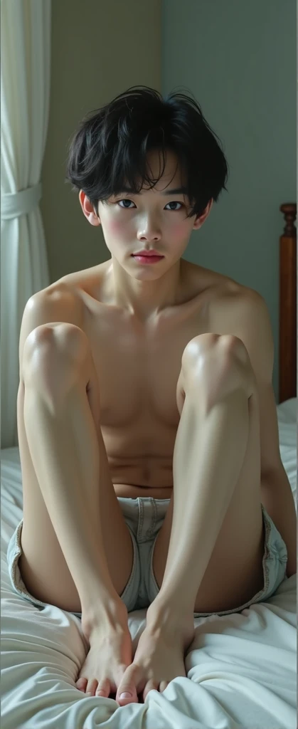 A white-skinned, thin, and skinny Japanese high school boy is sitting on a bed with his legs spread wide and seduced