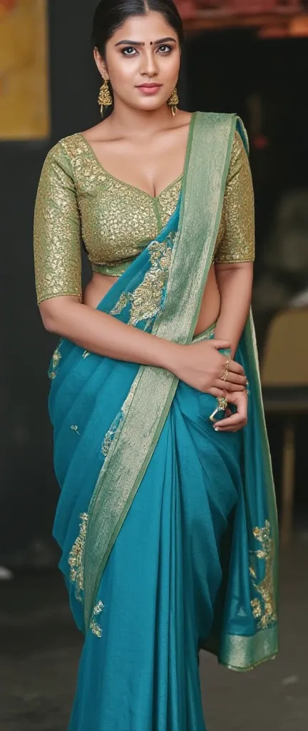 An elegant woman draped in a Indian sari (bright blue with intricate golden zari embroidery) that flows gracefully. The sari is made of rich silk (known for its luxurious sheen and intricate craftsmanship). The pallu (ornate with floral motifs and paisley ...